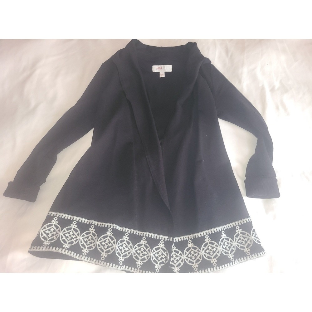 Lilka Anthropologie Black Embroidered Hem Tie Back Open Front Cardigan Small